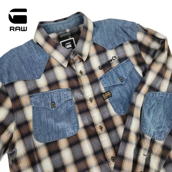 G-STAR RAW Plaid Denim Patch western cowboy Shirt brown blue xxl - Picture 2 of 15